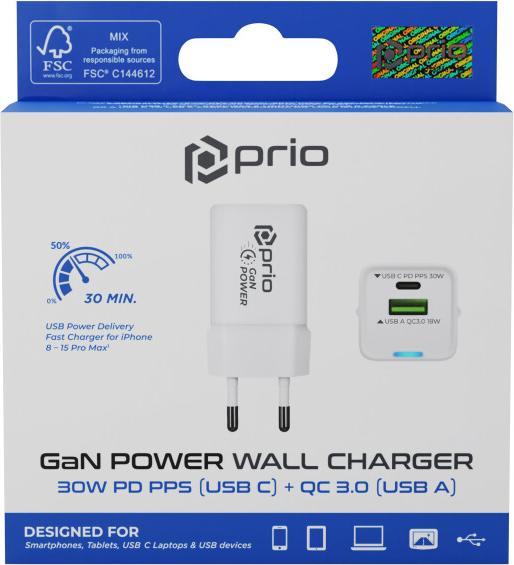 Produktbild prio Wandladegerät GaN Power 30W PD PPS (USB C) + QC 3.0 (USB A) weiss (30 W, 3 Ports)