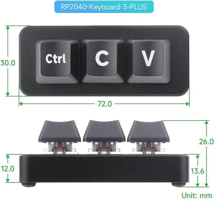 Actual product image WaveShare RP2040 Shortcut Keyboard Plus with 3 keys