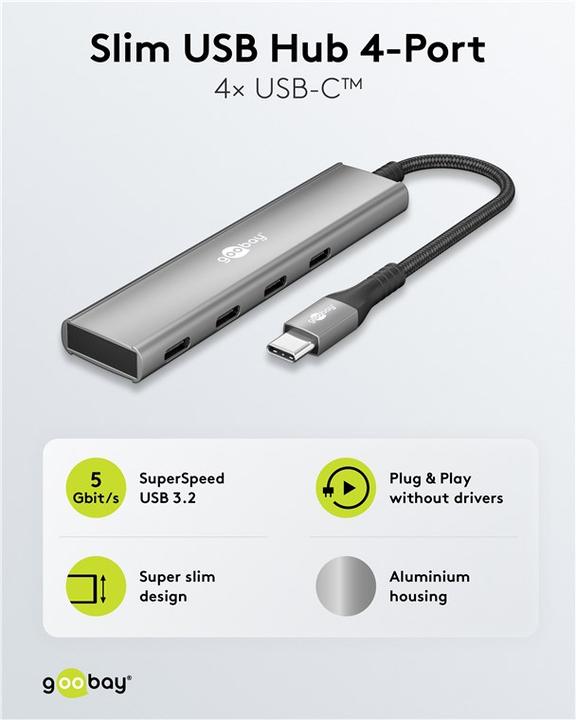Immagine prodotto Goobay Slim 4-Port USB-Hub, USB-C auf USB-C, 5 Gbit/s (USB-C, 4 porte)
