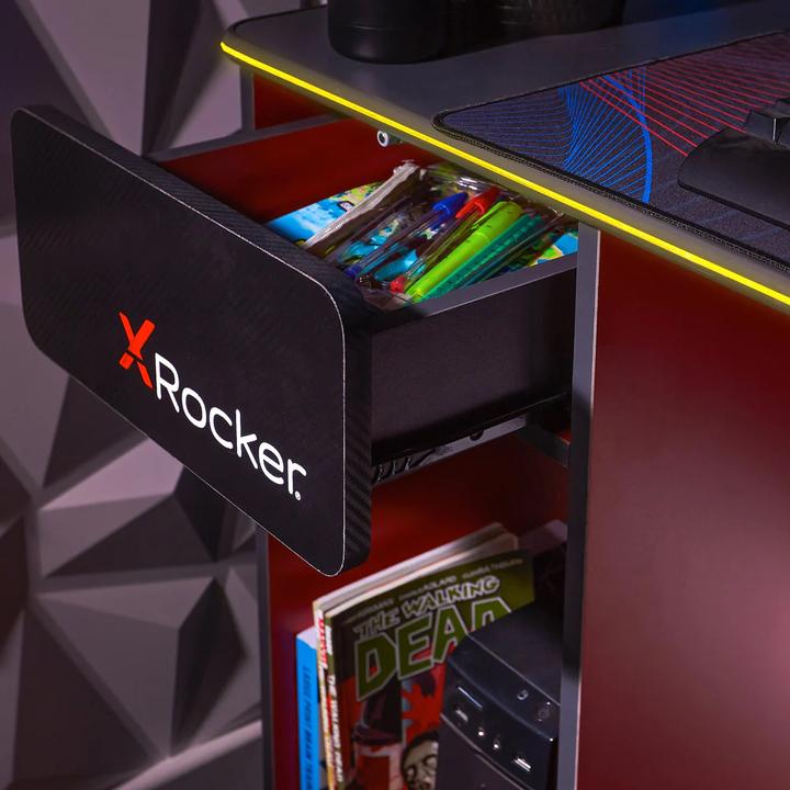 Actual product image X Rocker Bureau de jeu Carbon-Tek avec chargeur sans fil et éclairage LED Gris/Rouge
