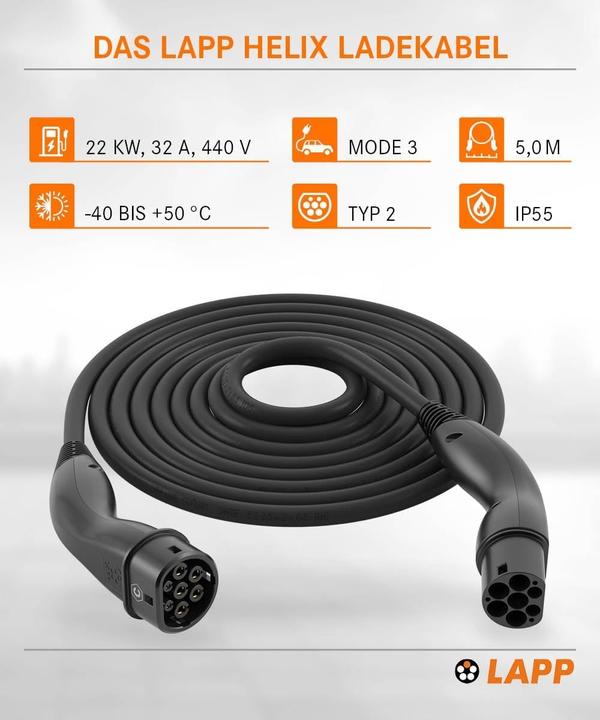 Immagine prodotto Lapp Mobility Cavo di ricarica standard Gen II HELIX, tipo 2, 32A, trifase, 5m, nero (Tipo 2, 22 kW, 33 A, 5 m)