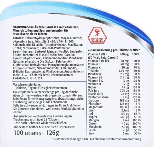 Valeurs nutritives et ingrédients Centrum Génération 50+ (100 pcs, Cachets, 184 g)