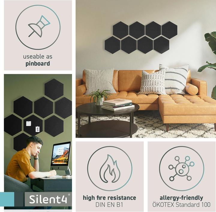 Immagine prodotto Silent4 8-teiliges Wand-Set mit Hexagon-Design aus Akustikvlies (8 pz.)