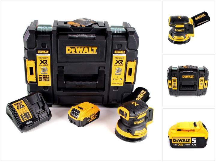 1x levigatrice rotorbitale a batteria DeWALT DCW210 NT - 1x batteria DeWALT DCB184 5.0 Ah- 1x caricabatterie DeWALT DCB113- 1x TSTAK DeWALT- 1x sacchetto per la polvere