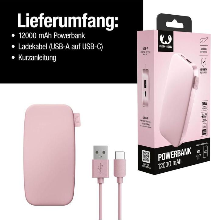 Actual product image Fresh'N Rebel Fresh 'n Rebel Powerbank 12000 mAh Pink (12000 mAh, 20 W, 44.40 Wh)