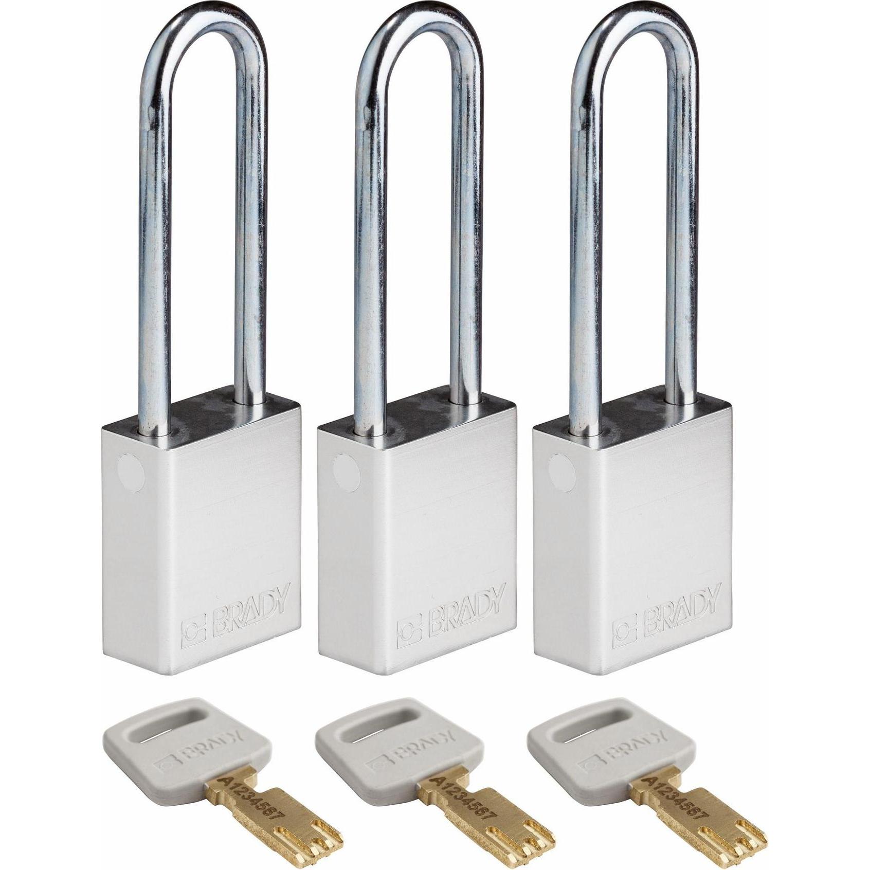 Brady, Vorhängeschloss, Safekey Aluminium-Vorhängeschloss mit Stahlbügel, Silber, 76 mm Bügelhöhe, 6.4 mm Bügeldurch
