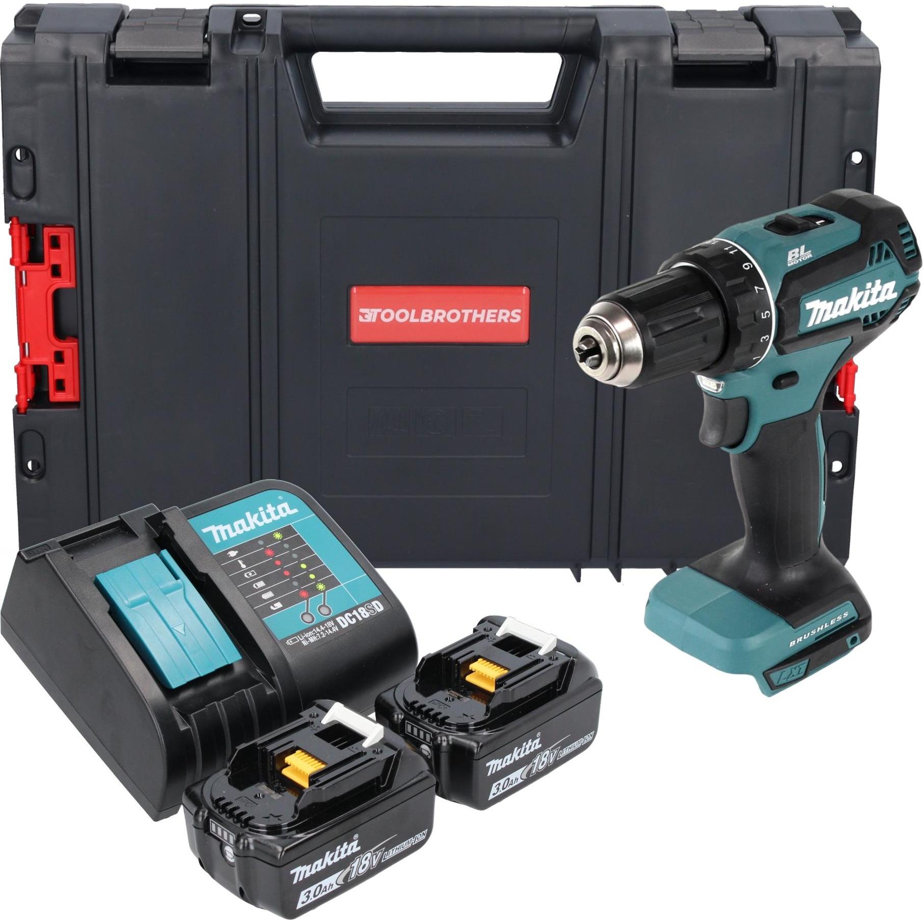 Makita, Bohrmaschine + Akkuschrauber, DDF 485 SFJ-R Akku Bohrschrauber 18 V 50 Nm Brushless + 2x Akku 3,0 Ah + Ladegerät...