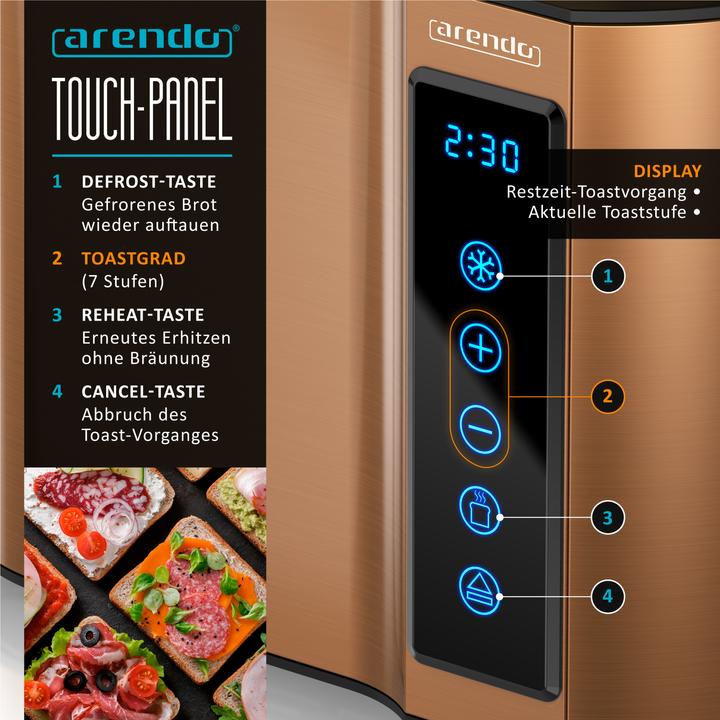 Produktbild Arendo Toaster Edelstahl 2-Scheiben Kurzschlitz, Brötchenaufsatz, Touchpanel, Display mit Restzeitanzeige