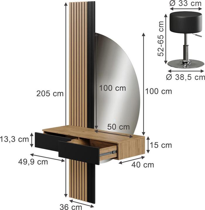 Actual product image Vicco Vanity table Melina, Oak/black, 100 cm with LED mirror and stool