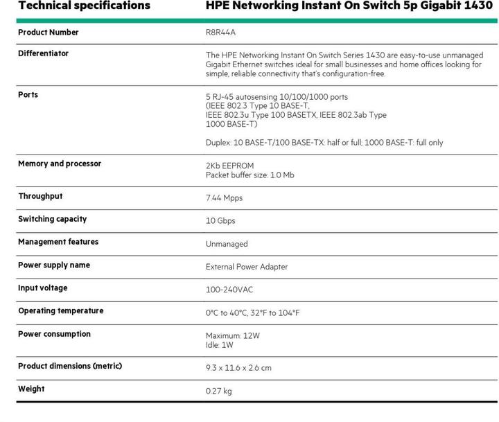 Valori nutrizionali e ingredienti Aruba Instant On 1430 (5 porte)
