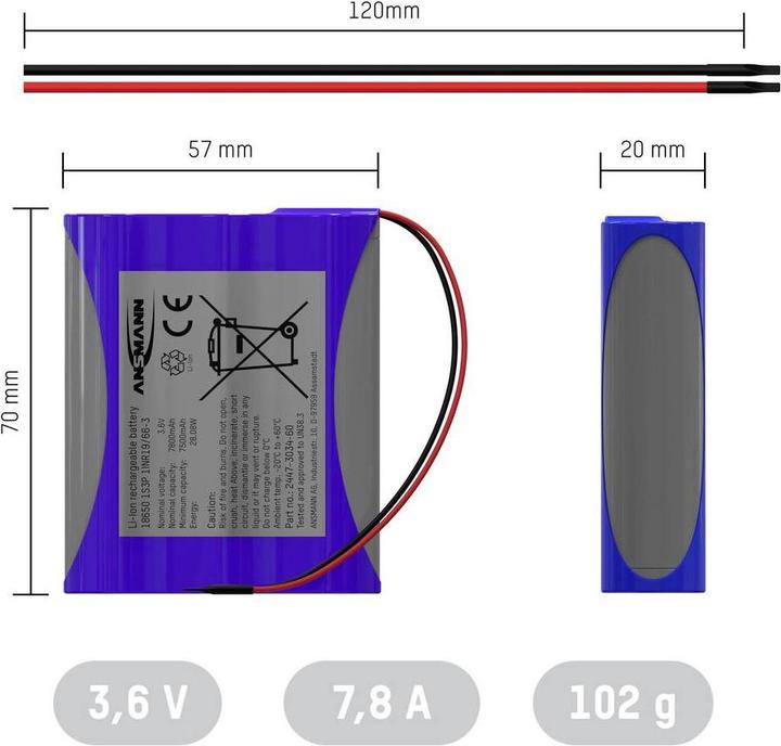 Produktbild Ansmann 1S3P Akkupack 3x 18650 Kabel Li-Ion 3.6V 7800mAh Akkupack 3x Li-Ion 3. (1 Stk., Gerätespezifisch, 7800 mAh)