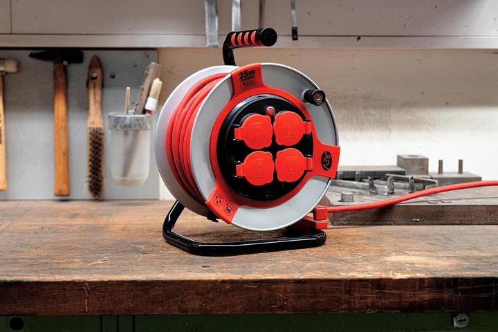 Actual product image REV Cable reel EX 25 m H07RN IP44 3000W with sanding contact outdoor 4 earthed sockets red (25 m)