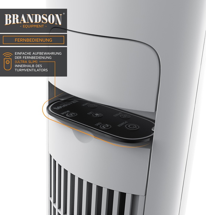 Produktbild Brandson Turmventilator, Fernbedienung, 10° neigbar, Oszillation, 4 Modi, Standventilator 108cm, weiss (52 dB)