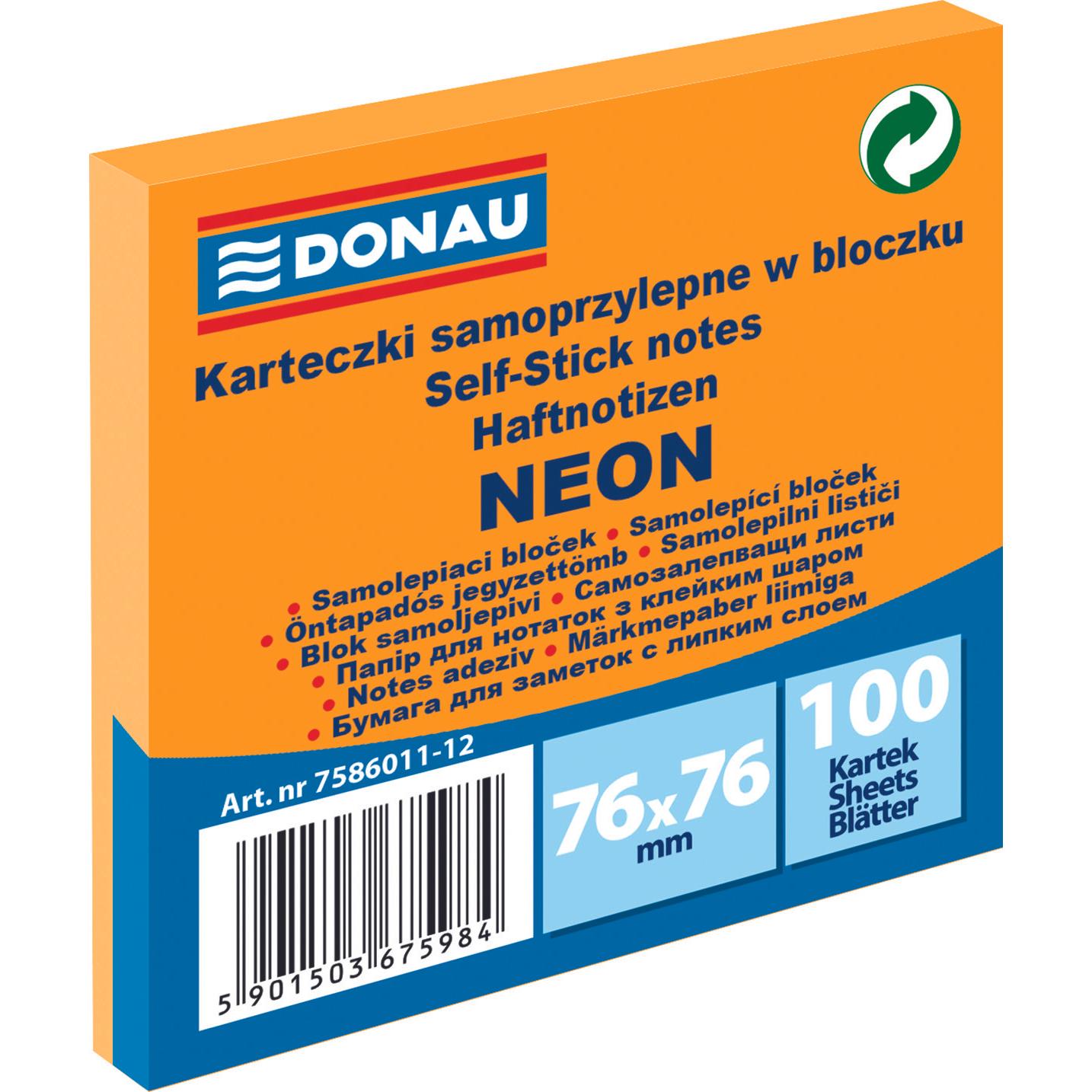 Donau, Haftnotiz, Selbstklebeblock, 76x76mm, 1x100 blatt, neon, orange