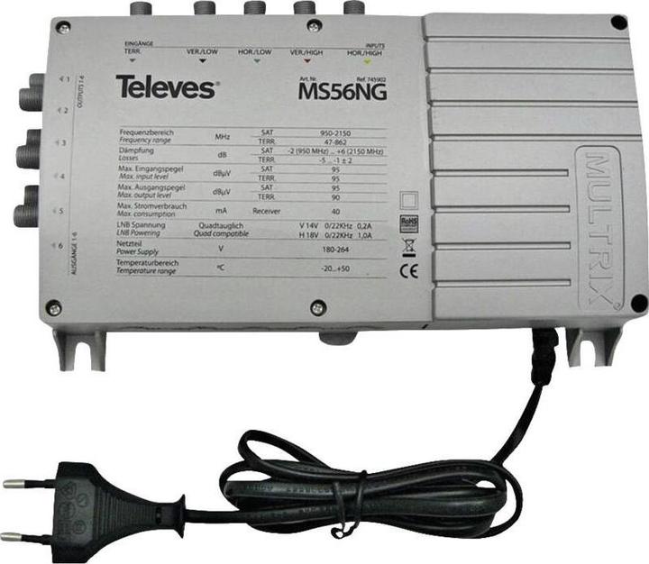 Televes MS56NG. Produktfarbe: Grau. Stecker: F. Breite: 204 mm, Tiefe: 57 mm, Höhe: 130 mm. Abmessungen (BxT (Multischalter)