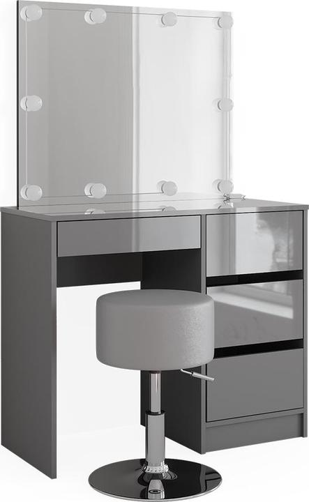 Table top: Grey, Body: grey, matt front, High-gloss Shelf: White Mirror: White Stool: Grey LED light chain: White