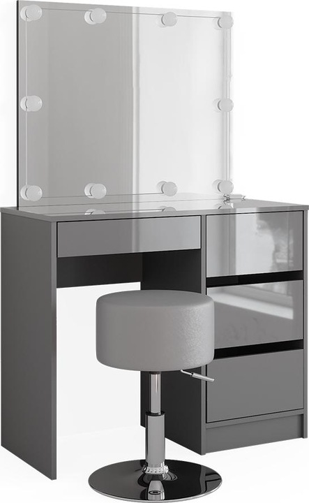 Tischplatte: Grau, Korpus: grau, matt Front, hochglänzend Einlegeboden: Weiss Spiegel: Weiss Hocker: Grau LED-Lichterkette: Weiss