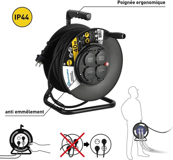 Actual product image Electraline Professional Cable Reel with 4 IP44 Outlets, Cable Guide, and Ergonomic Handle (40 m)