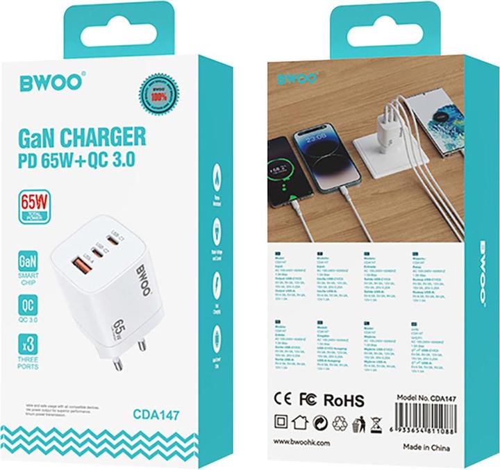 Produktbild Bwoo Schneller 65W GaN TRAVEL CHARGER CDA147 2 xUSB-C, 1 x USB-A (65 W, 3 Ports)