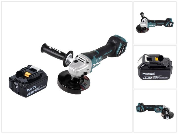 1x Makita DGA 517 cordless angle grinder, 1x Makita 125 mm grinding disc (A-80656), 1x assembly tool, 1x additional handle, 1x protective cover, 1x Makita BL 1860 B 18 V 6.0 Ah battery - without charger