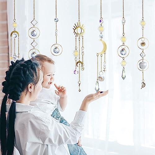 Produktbild Alopini 7 Stück Sonnenfänger Kristall, Sonnenfänger Garten Mond Stern Regenbogen hängend Kristall