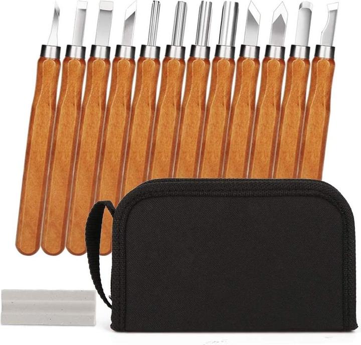 Hospaop 12-teiliges Holz-Schnitzwerkzeug-Set mit Schleifstein
