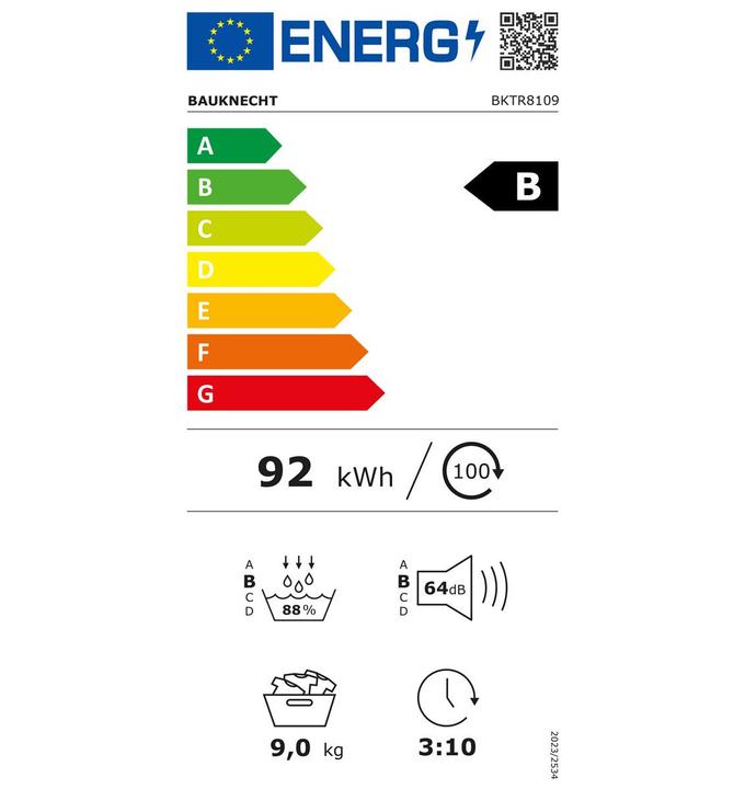 Label énergétique Bauknecht BKTR8109 (9 kg, Droite, Modifiable)