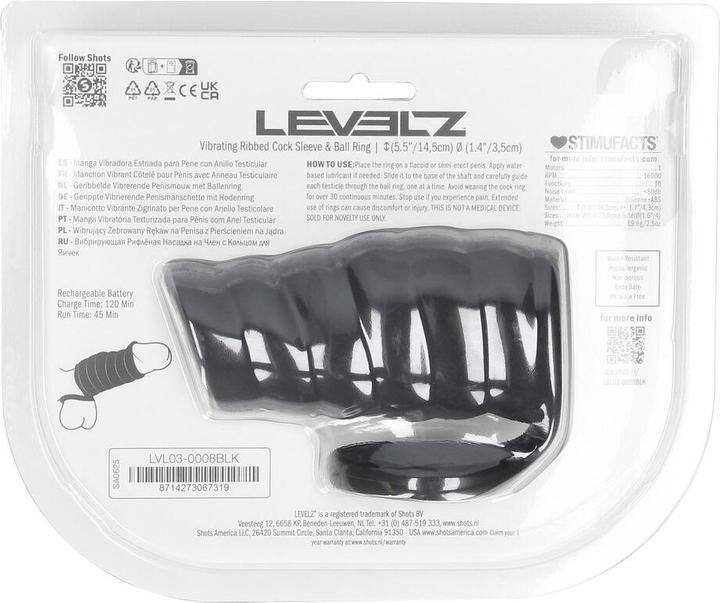 Actual product image Shots Vibrating Ribbed Silicone Cock Sleeve and Ball Ring - Black (4 cm)