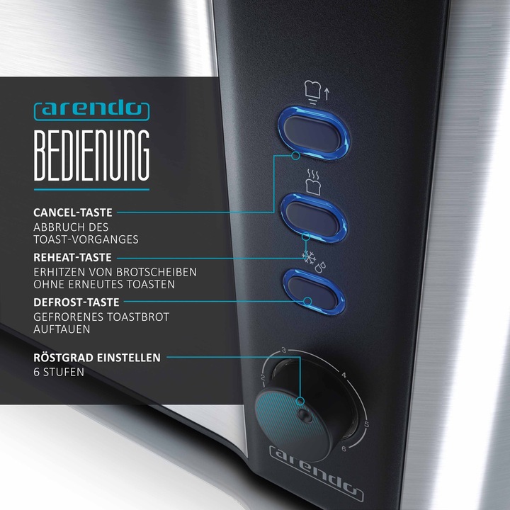 Produktbild Arendo Edelstahl Toaster 4 Scheiben Langschlitz, Doppelwand, Brötchenaufsatz, Display mit Restzeitanzeige