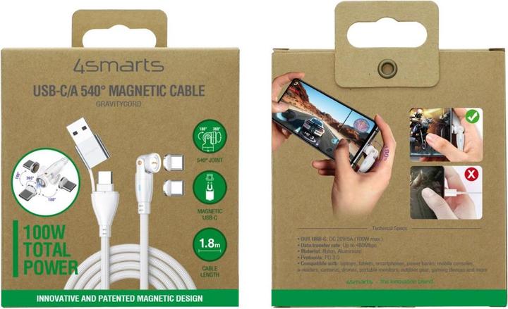Actual product image 4smarts USB-C/A 540° magnetic cable GravityCord (1.80 m, USB 2.0, 100 W)