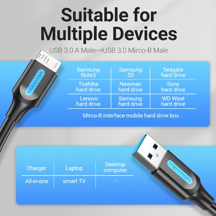 Actual product image Vention USB 3.0 A to Micro-B cable COPBD 0.5m Black PVC (0.50 m, USB 3.0)