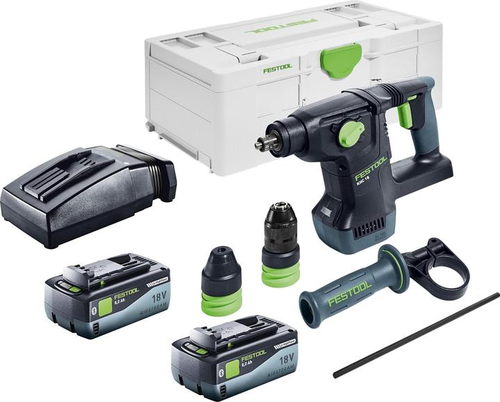 1x Festool KHC 18 EB marteau combiné sans fil, 1x mandrin C SDS KHC, 1x mandrin à serrage rapide KC 13 KHC, 1x poignée supplémentaire AH-50, 181 KHC, 1x butée de profondeur, 2x Festool BP 18 Li 8,0 HP-ASI HighPower bloc batterie, 1x Festool TCL 6 chargeur rapide, 1x Festool Systainer³ SYS3 L 187