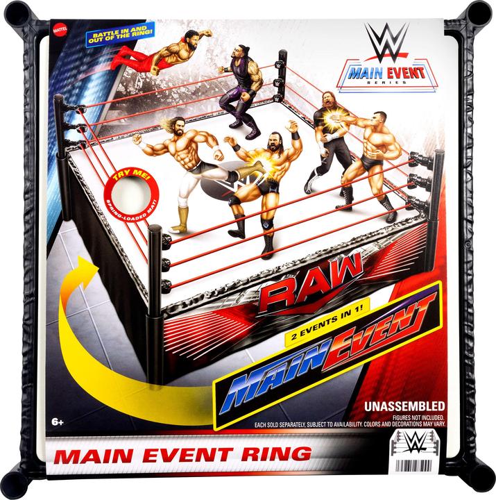 Produktbild Mattel WWE Superstar-Ring mit Etiketten für Hauptkampf und RAW, Matte mit Sprungfedern und Ring mit