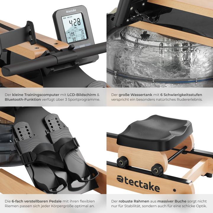 Produktbild tectake Holzrudergerät Titan, klappbar, 150kg belastbar, Bluetooth
