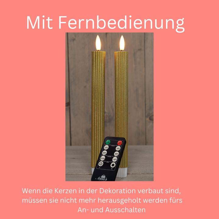 Actual product image Novaliv Stabkerzen LED mit Timer GOLD 2er indoor mit Timer Funktion 6 Stunden ECHTWACHS gerippt 23cm Höhe (2 x)