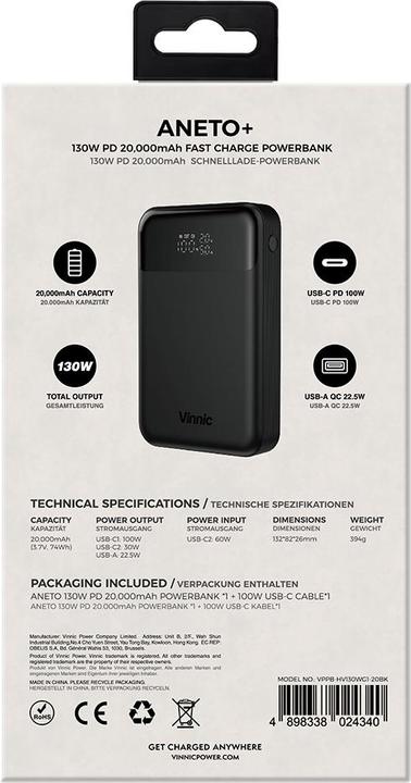 Image du produit Vinnic ANETO+ (20000 mAh, 130 W, 74 Wh)