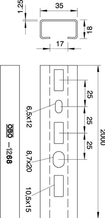 Actual product image OBO Bettermann Perforated profile rail, slot width 17mm 1104500