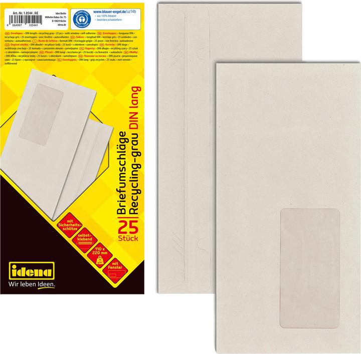 Idena BU DIN long recycl. sk, w.F.,75g/m²,25 pieces (DIN long (11 x 22 cm), 25 x)