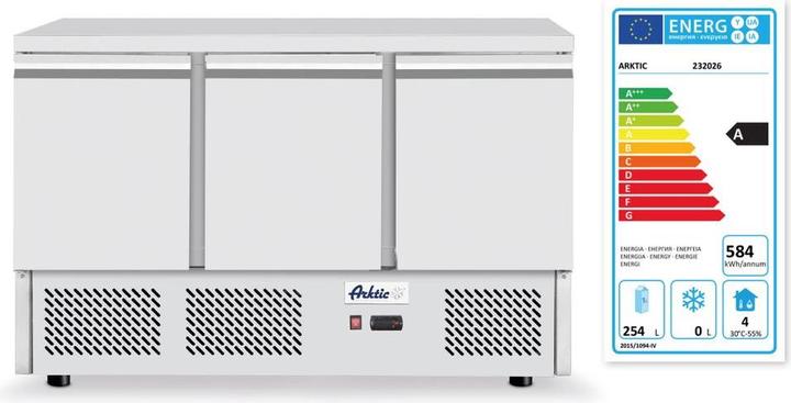 Energy Label Hendi Three-door pizza table with refrigerated display case 380+40 l 230V (254 l)