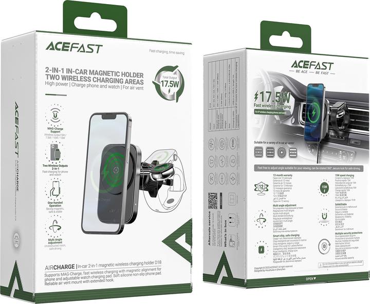 Image du produit Acefast Support voiture D18 avec chargeur inductif MagSafe / Qi + câble USB-A USB-C - noir