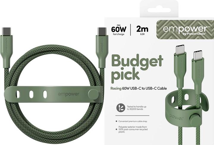 Actual product image PanzerGlass empower™ by ® Racing 60W USB-C to USB-C Cable | USB 2.0 | 2M | Sage (2 m, USB 2.0, 60 W)