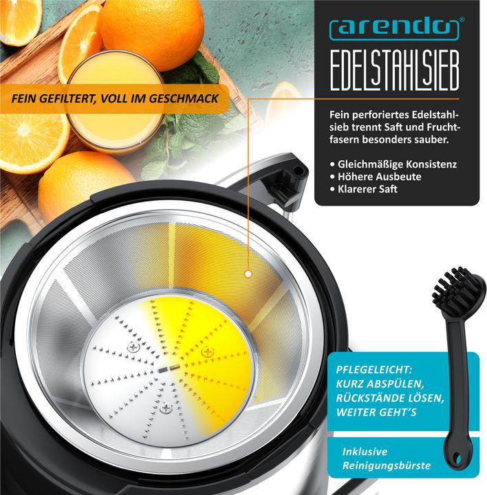 Produktbild Arendo Zentrifugalentsafter,1000W, BPA Frei, Edelstahl, XXL-Einfüllschacht, Programme, Display, Tropfstopp