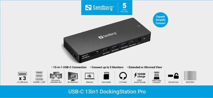 Produktbild Sandberg USB-C 13in1 DockingStation Pro (USB-C, 13 Ports)