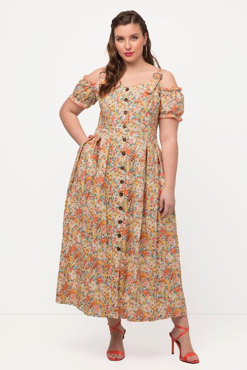 Actual product image Ulla Popken Floral Print Off The Shoulder Button Front Dress (50)