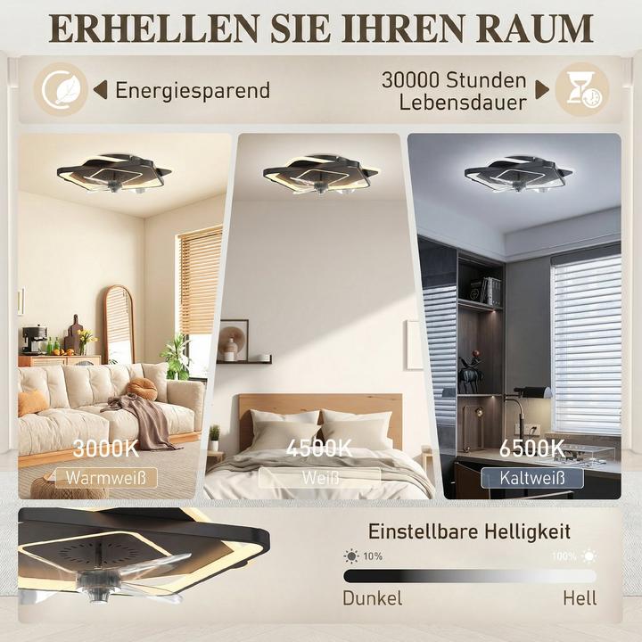 Produktbild Homcom Deckenventilator mit Licht Stahl, Acryl Schwarz (50 dB)