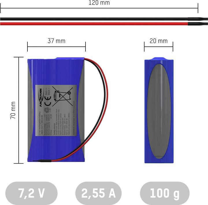 Actual product image Ansmann 2S1P battery pack 2x 18650 cable Li-Ion 7.2 V 2550 mAh (1 pcs., 18650, 2550 mAh)