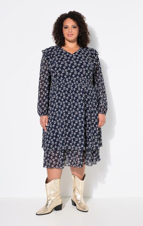 Produktbild Ulla Popken Kleid, doppellagig, V-Ausschnitt, Rüsche, Langarm (62)
