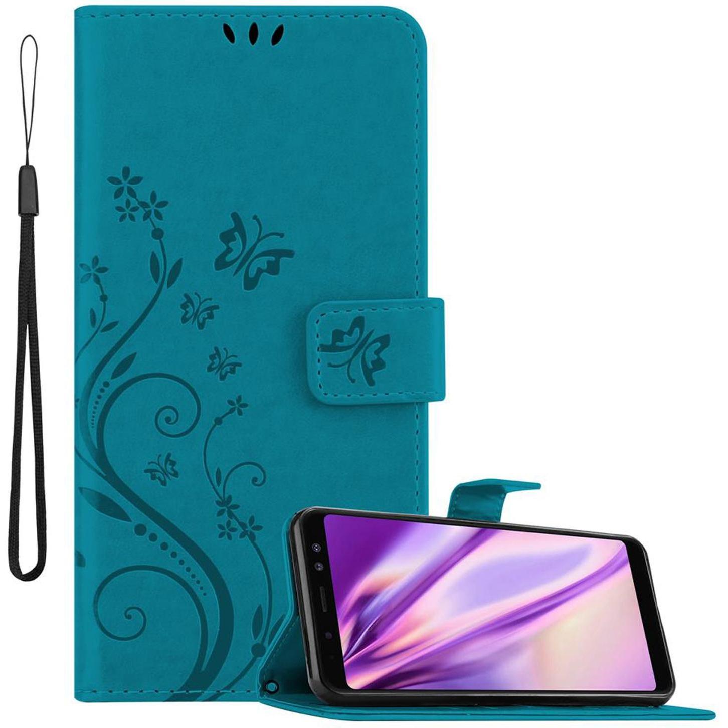 Cadorabo Flower Book Hülle (Samsung Galaxy A8 (2018)), Smartphone Hülle, Blau