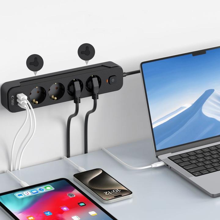 Actual product image Tech-Protect PCL4X3 Power Strip 4 Sockets 240V + 2xUSB-A + 1xUSB-C 200 cm - Black (4 x, USB-A, 2 m)