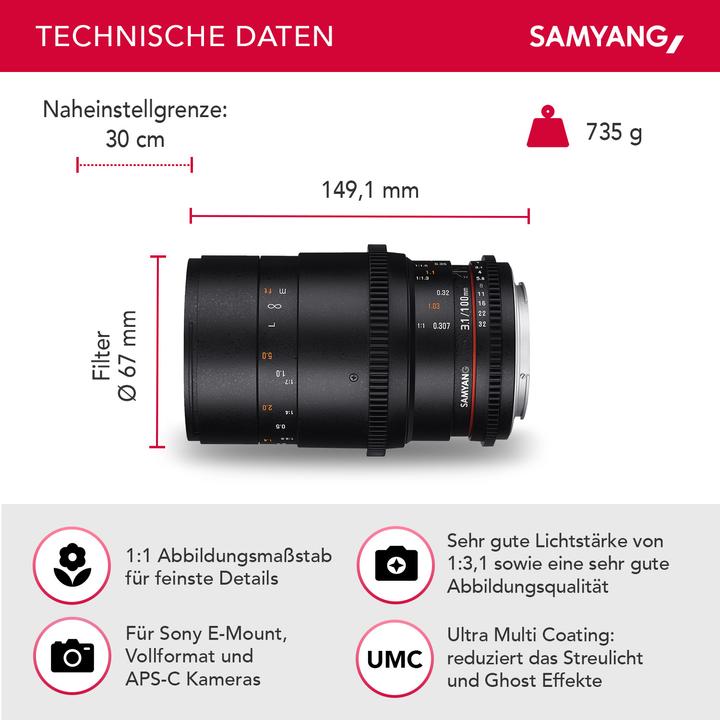 Image du produit Samyang 100mm T3.1 Sony E-Mount (Sony E, Plein format)